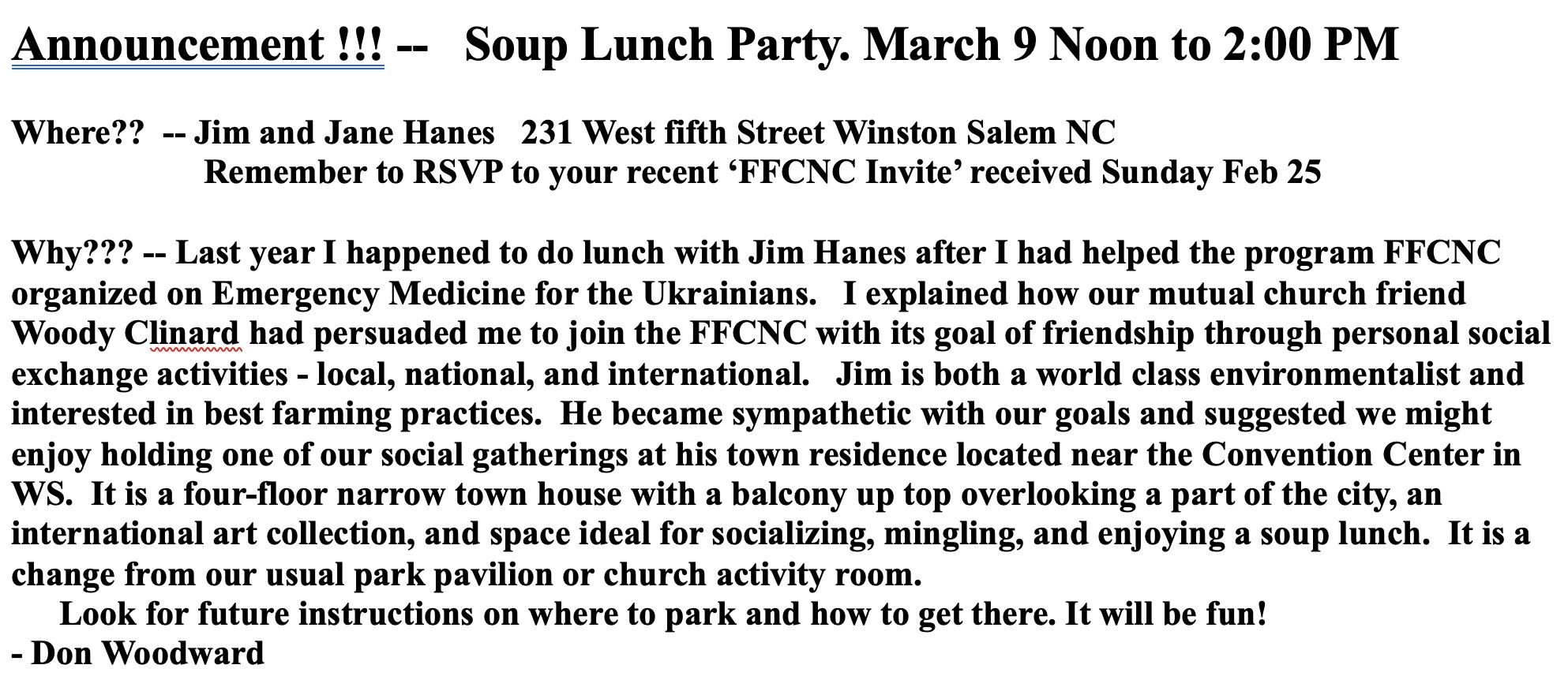 Soup Lunch Party, March 9, 2 p.m.