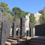 Across the street from the Memorial is St. Joseph's Catholic Church which was also heavily damaged by the blast. They have also erected a memorial on their property. The statue of Jesus faces away from the devastation, covering his face with his hand. In front of Jesus is a wall with 168 gaps in it, representing the voids left by each life lost. Across the street from the Memorial is St. Joseph's Catholic Church which was also heavily damaged by the blast. They have also erected a memorial on their property. The statue of Jesus faces away from the devastation, covering his face with his hand. In front of Jesus is a wall with 168 gaps in it, representing the voids left by each life lost.