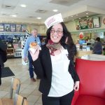 A traditional visit to Krispy Creme to have donuts and coffee on Friday morning. Nana Macharashvili poses with her hat and glazed donut. A traditional visit to Krispy Creme to have donuts and coffee on Friday morning. Nana Macharashvili poses with her hat and glazed donut.