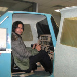 Sergey checks out a flight simulator.
